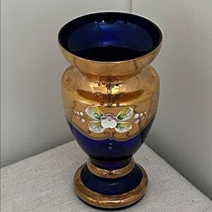 MCM vintage blue glass vase gold Bohemian Czech hand-painted floral glass cobalt